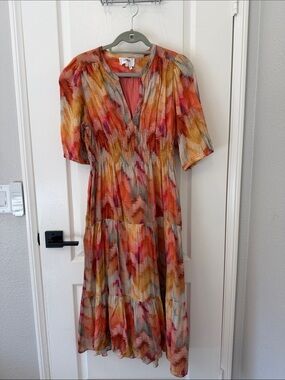 Ba&sh Tiered V-Neck Midi Dress in Multicolor Watercolor Print